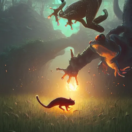 Image similar to a cat fighting frogs, stephen bliss, unreal engine, fantasy art by greg rutkowski, loish, rhads, ferdinand knab, makoto shinkai and lois van baarle, ilya kuvshinov, rossdraws, tom bagshaw, global illumination, radiant light, detailed and intricate environment