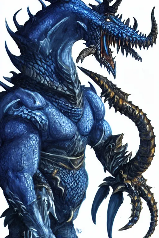 Image similar to a D&D character of a dark blue dragonborn with large tusks, half a face flaming with blue flame, he wears a black dragon scales armor, D&D concept art