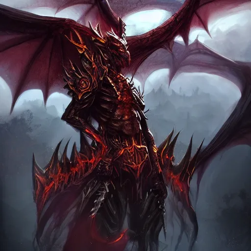 Image similar to dark fantasy concept of a vampire dragon god, with dark matter and molten armor on a mountain, cinematic, dynamic lighting, photorealistic, ultra detailed, trending on art station, stunning visuals, creative, hyper detailed