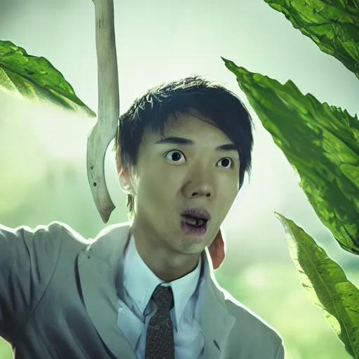 Image similar to an award winning cinematic still of surprised Justin Sun with extremely long wooden nose with leaf, 16k hyper realistic photograph, close-up professional portrait, centered, dramatic lighting