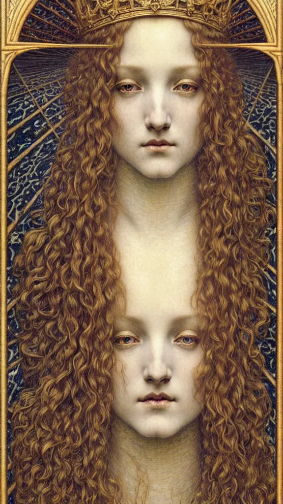 Image similar to detailed realistic beautiful young medieval queen face portrait by jean delville, gustave dore and marco mazzoni, art nouveau, symbolist, visionary, gothic, pre - raphaelite. horizontal symmetry