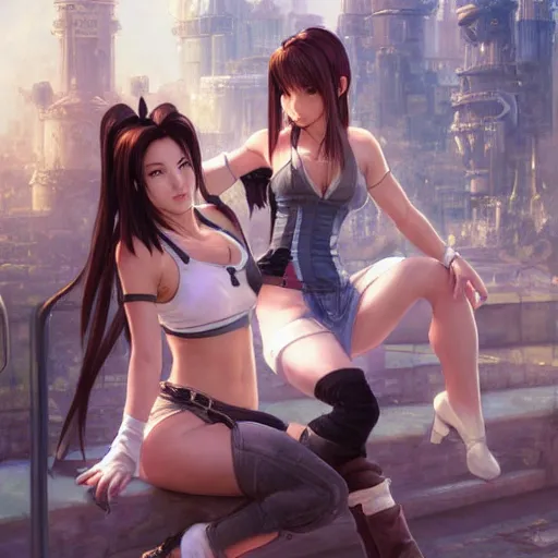 Image similar to a painting of tifa lockhart and aerith gainsborough from final fantasy 7, dressed up as in the final fantasy remake, the midgard steam punk city as backdrop, by greg rutkowski, artgerm, wlop, ruan jia, krenz cushart, alphonse mucha, rain, unreal engine 5