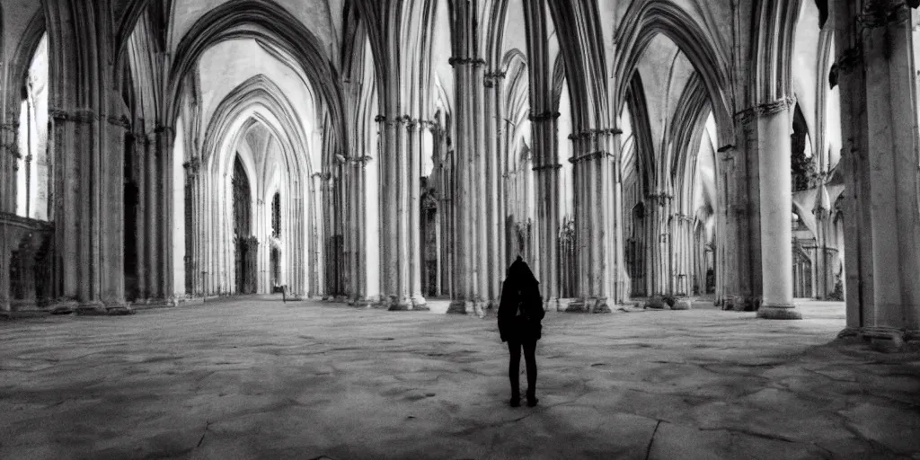 Prompt: The ghost world is cold and empty, no change, echoes in the world of life, full of memories, shadowy images and reflections of the real, unfinished, incomplete, a vast and echoing cathedral, unnaturally great, quiet, and cold, the living huddle together and move swiftly through its halls