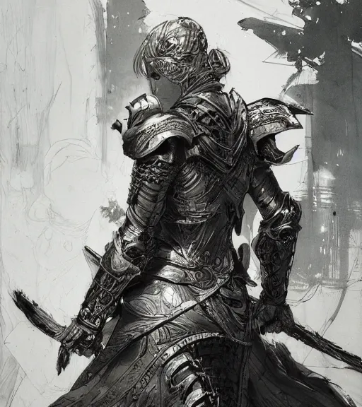 Image similar to anime woman in armor, pen and ink, intricate line drawings, by craig mullins, ruan jia, kentaro miura, greg rutkowski, loundraw