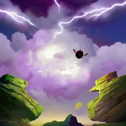 Image similar to A flying android smiling while holding a boulder, surrounded by clouds and purple lightning, digital art, Mexican folk art, Hyperdetailed, amazing background, matte painting, gouache, Martin Sandiego, Julia Fuentes, Miguel Sandiego