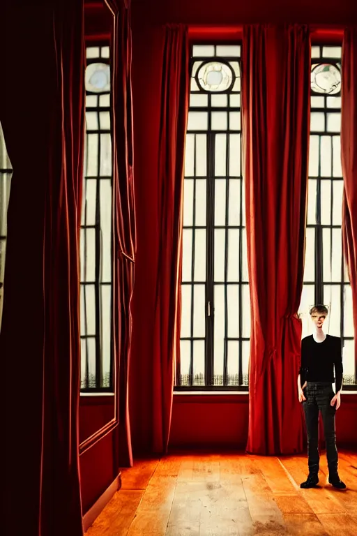 Image similar to androgynous male with black short hair and pale skin is standing in front of a mirror surrounded by victorian interior in a room with tall windows dark red curtains and moos green flooring by leonardo da vinci. volumetric lighting, petspective room layout