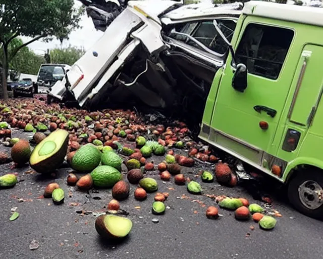 Image similar to photo of an avocado truck accident that overturned and spilled tons of avocados on the floor that people are picking up