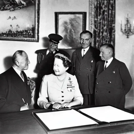 Prompt: ultra wide 1 9 4 6 historical photo of a single german general signing a peace treaty, a young queen elizabeth holds a corgi and watches the general sign the treaty, french village interior, highly detailed, sharp focus