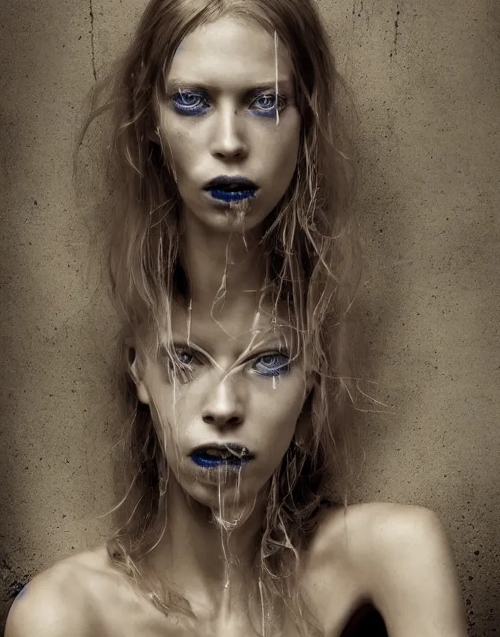 Image similar to a beautiful 8 5 mm f 1. 8 commercial photography portrait of a blue young woman that looks like a combination of doutzen kroes and yolandi visser in an urbex setting, photography by erwin olaf