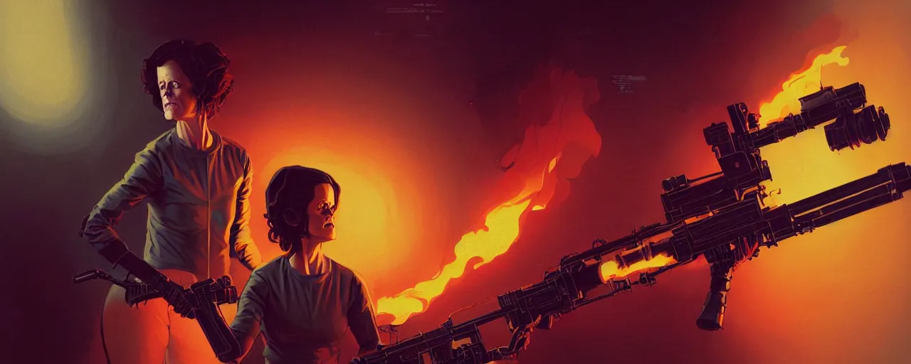 Prompt: duotone dark concept illustration 3 / 4 portrait of sigourney weaver as ellen ripley with flame thrower. cinematic volumentric lighting space. golden ratio accidental renaissance. by sachin teng and sergey kolesov and ruan jia and heng z. graffiti art, scifi, fantasy, hyper detailed. octane render. concept art. trending on artstation