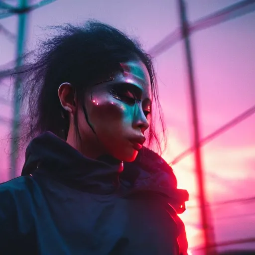 Prompt: Cinestill 50d candid photography of a city on fire, extreme wide shot of a poor techwear mixed woman wearing thick mascara and makeup crying outside of a futuristic city on fire, cyberpunk, tattoos, extreme long shot, desaturated, full shot, blurry, 4k, 8k, hd, full color