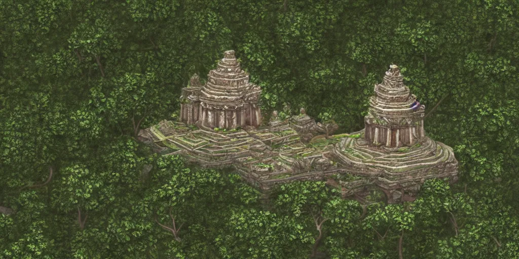 Image similar to an ancient temple found in a thick jungle surrounded by trees and thick bushes, high detail, high definition, photorealistic, 8k