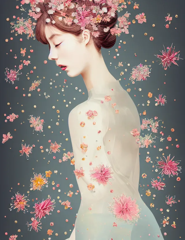 Image similar to fashionable illustration of a beautiful girl in a transparent dress, medium shot at eye level, delicate floral ornaments on fabric and hair, bright small birds, elegant, eiko ishioka, givenchy, peter murbacher, in the center, beautiful colors, origami, fashion, detailed, playful, dreamy, fashionable, japanese, real character creator, dynamic lighting