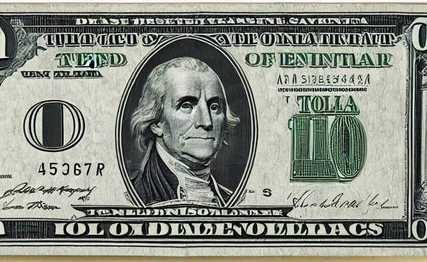 Prompt: rectangular photograph of ten dollar u. s. currency note featuring hamilton