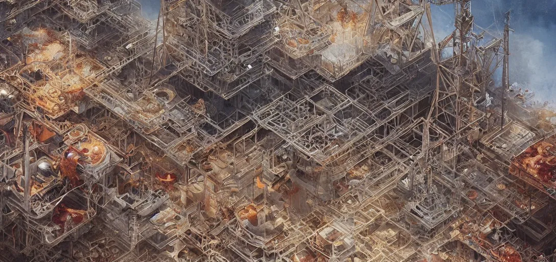 Prompt: an oil rig where the floor is made of pizza, 80s style, intricate, hyper detailed, 8k, james gurney, greg rutkowski, john howe, artstation