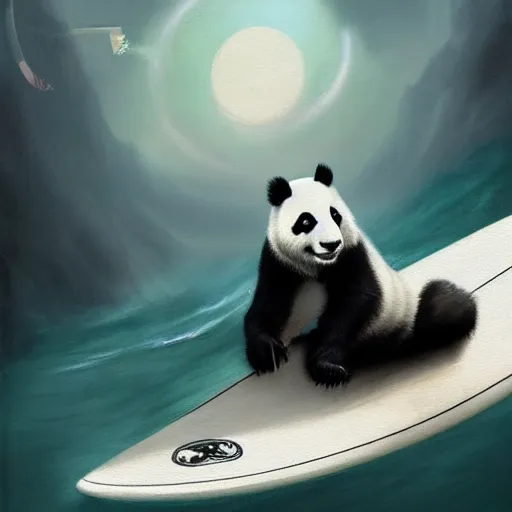 Image similar to a panda on a surf board, high detail, dramatic light, digital art, painted by seb mckinnon, painted by greg rutkowski, trending on artstation