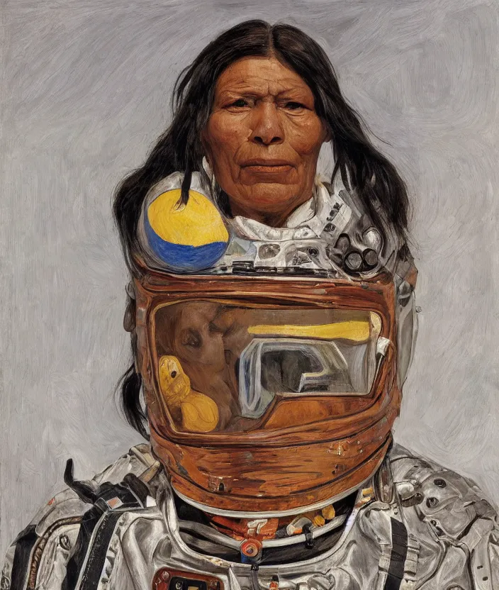 Prompt: indigenous woman with astronaut helmet, painted by lucian freud, hd, super detailed, realistic, muted colors