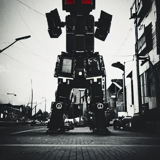 Image similar to giant robot at night, humanoid, eyes, historical photo, grainy, vintage, stark light, dramatic lighting, evil smile, street at night, cars in the background, trash on the ground, night sky, scary, evil