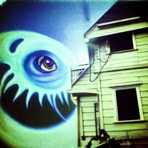 Image similar to low quality photo of the eye of cthulhu flying over a house