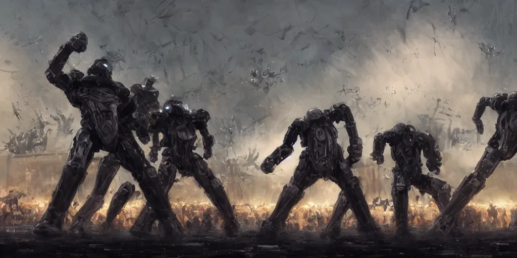 Image similar to concept art, of a close view of [ rage against the machine ] band memebers!!! humans fighting with robots!!!, concert, detailed, close shot, dark concept art, dark skies painting by wlop, nixeu and greg rutkowski, beautiful, semirealism, artstation, octane render, oil painting, sharpness, 8 k, golden ratio