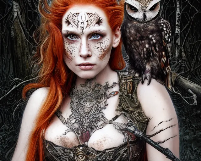 Image similar to 5 5 mm portrait photo of an armored gorgeous anesthetic redhead woman warrior with a face tattoo and horns growing from her head, and owl sitting on her shoulder in a magical forest in the style of stefan kostic, art by luis royo. highly detailed 8 k. intricate. lifelike. soft light. nikon d 8 5 0. cinematic post - processing