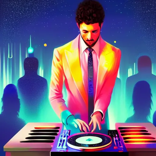 Image similar to night fever, a dj creating illegal disco music, digital painting, artstation, ristan eaton, victo ngai, artgerm, rhads, ross draws, anime styled, hd, 4 k