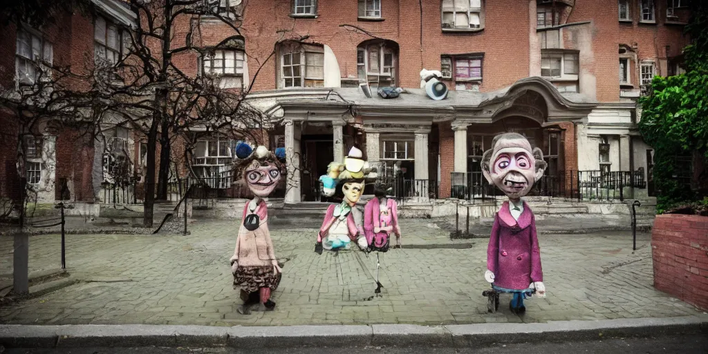 Prompt: outside an orphanage in london, tim burton and claymation style