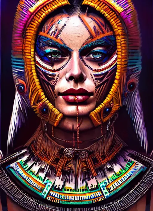 Prompt: portrait of margot robbie, hyper detailed ultra sharp aztec shaman warrior. trending on artstation, warpaint aesthetic, bloodwave, colorful, psychedelic, ornate, intricate, digital painting, concept art, smooth, sharp focus, illustration, art by artgerm and greg rutkowski and h. r. giger, 8 k