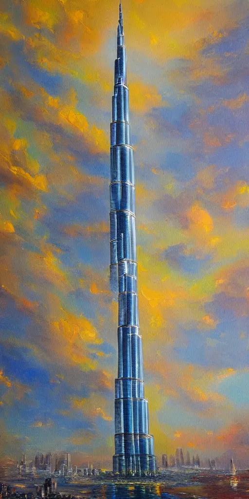 Image similar to The Burj Khalifa, Dubai, oil painting in the style of Bob Ross, high detail