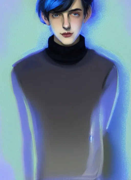 Image similar to portrait of teenage jughead jones wearing a light grey crown, crown, blue turtleneck, closed eyes, photorealistic, black hair, glowing lighting, intricate, elegant, glowing lights, highly detailed, digital painting, artstation, concept art, smooth, sharp focus, illustration, art by wlop, mars ravelo and greg rutkowski