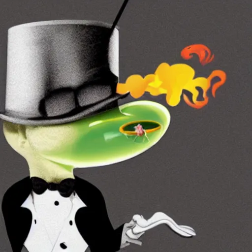 Image similar to Photo of a gecko in a top hat smoking a cigar, holding a martini