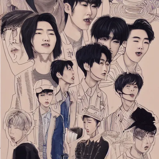 Image similar to a cup of coffee part 4 featuring johnny suh, mark lee, jung jaehyun, ten lee, and kim doyoung, all from the group nct, neo culture technology, art by kim jung gi