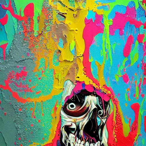 Image similar to drippy, dripping paint, skull, trippy, glitch, miyazaki style, exaggerated accents