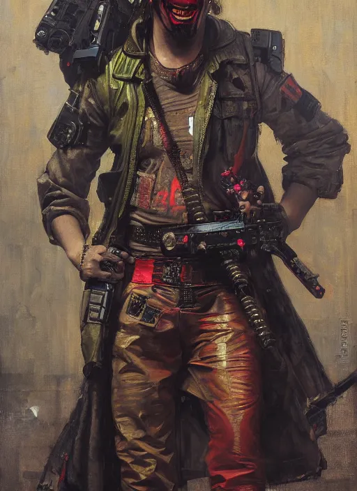 Prompt: crazy eddie. cyberpunk clown wearing a military vest and combat gear. (Cyberpunk 2077, bladerunner 2049). Iranian orientalist portrait by john william waterhouse and Edwin Longsden Long and Theodore Ralli and Nasreddine Dinet, oil on canvas. Cinematic, hyper realism, realistic proportions, dramatic lighting, high detail 4k