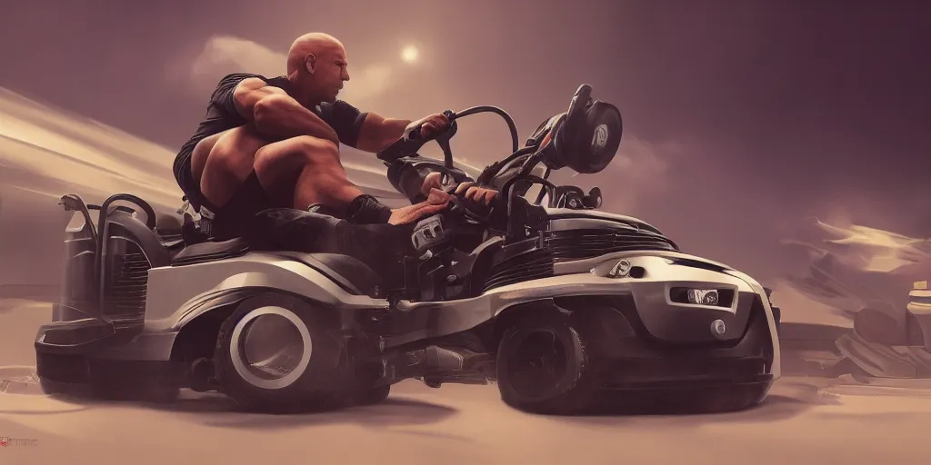 Image similar to Vin Diesel racing on a lawnmower, hyperdetailed, artstation, cgsociety, 8k