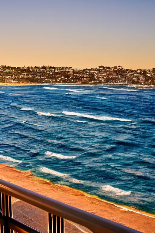 Image similar to View from Bondi Beach balcony, golden hour, depth of field, high resolution, award winning.