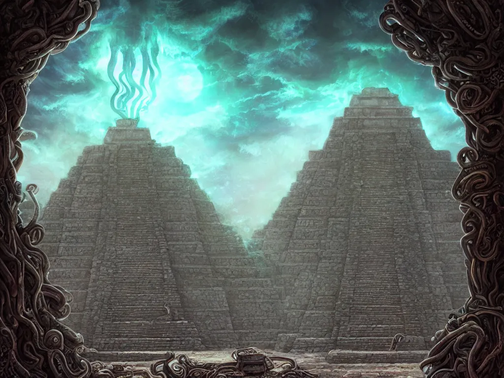 Prompt: A mixed medium stylized image of a mysterious ancient Mayan temple with tentacles coming out of the massive entrance art by Jordan Grimmer, ominous, cosmic horror, Stylized +volumetric lighting, very detailed, extremely detailed, Unreal Engine 5, Cycles Render, Ultra detailed, hyper realistic, 4k