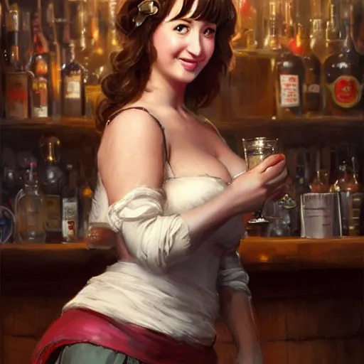 Prompt: Portrait of Milana Vayntrub as a seductive bar maid serving drinks in a medieval pub, white lighting, digital art by Ruan Jia and Mandy Jurgens and Artgerm, highly detailed, trending on artstation, award winning,