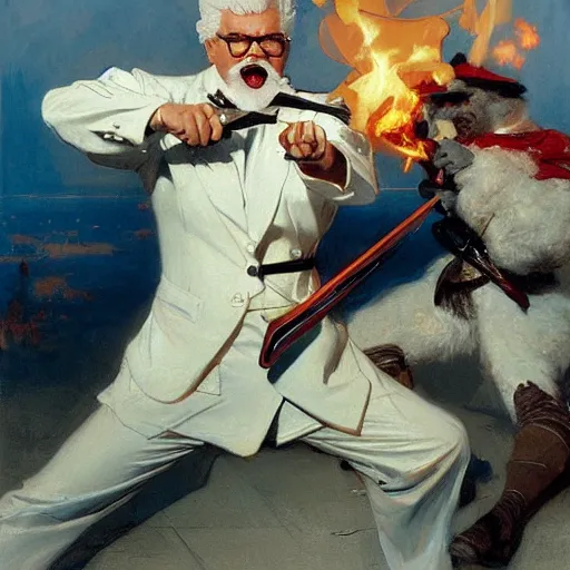 Image similar to colonel sanders with katana fighting donald mcdonald, highly detailed painting by gaston bussiere, craig mullins, j. c. leyendecker, 8 k