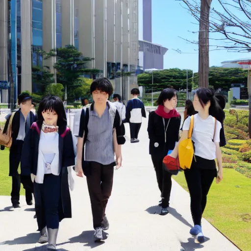 Image similar to Kanda University of International Studies students walking on campus on a sunny day in Makuhari Japan.