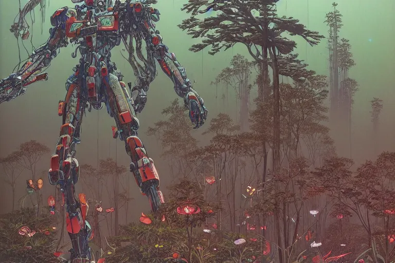 Prompt: lots of glass details, a lot of exotic vegetation, trees, flowers, dull colors, gigantic massive huge tremendous evangelion mecha close - up staying in the foggy huge dark night forest covered with web and cotton and a lot of glow - worms, by moebius, hyperrealism, intricate detailed, risograph