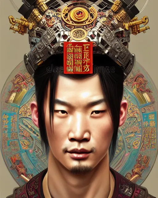 Prompt: portrait of a chinese masculine male cyberpunk machine, machine face, upper half portrait, decorated with chinese opera motifs, muscular, asian, fine china, wuxia, traditional chinese art intricate intense elegant 京 剧 highly detailed symmetry headpiece digital painting artstation concept art smooth sharp focus illustration, art by artgerm and greg rutkowski alphonse mucha 8 k