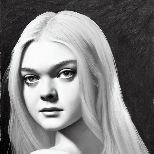 Prompt: professional painting of Elle Fanning in the style of Frank Frazetta, head and shoulders portrait, symmetrical facial features, smooth, sharp focus, illustration, intricate, stormy weather, extremely detailed masterpiece,