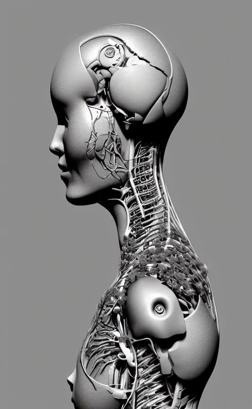 Image similar to 3D render of a beautiful profile face portrait of a female cyborg, 150 mm, flowers, Mandelbrot fractal, anatomical, flesh, facial muscles, wires, microchip, veins, arteries, full frame, elegant, highly detailed, flesh ornate, elegant, high fashion, rim light, octane render in the style of H.R. Giger