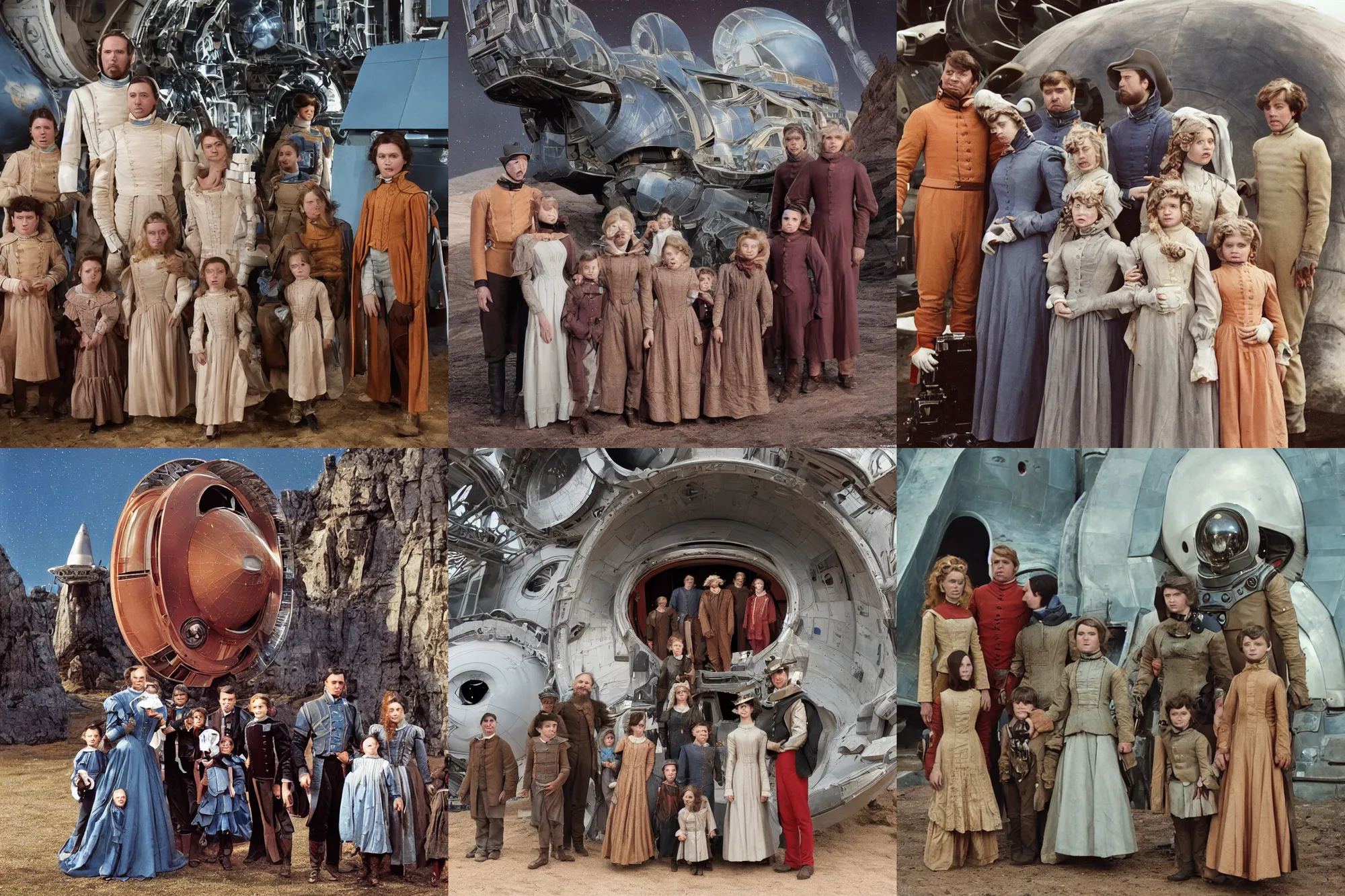 Prompt: highly detailed, 513435456k film, 33600mm film still from a sci fi blockbuster color movie made in 2019, set in 1860, of a family standing in front of a spaceship that has just landed on an alien planet, the family are all wearing 1860s era clothes, good lighting, good photography, ultra high definition
