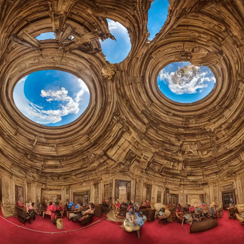 Image similar to six elephanta at tea party, fulldome, 3 6 0 degree fisheye, dome format, 4 k,