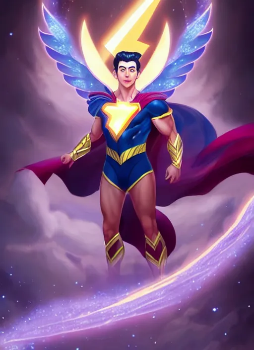 Image similar to full body portrait of shazam as a magical star guardian. detailed face, concept art, intricate, highly detailed 8 k, smooth, sharp focus, handsome and aesthetic shape of face and body, artgerm, artstation, art by zexi guo and nira and junpei suzuki and gharliera and rinotuna