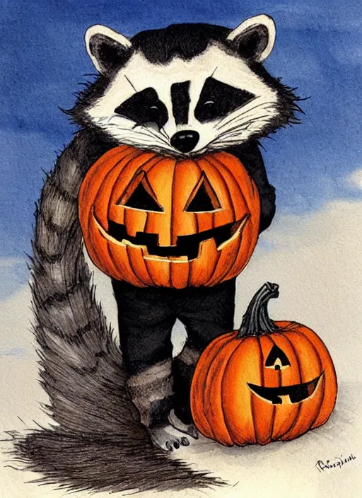 Image similar to halloween pumpkin in the shape of a raccoon by Rebecca Guay art, high quality, highly detailed,