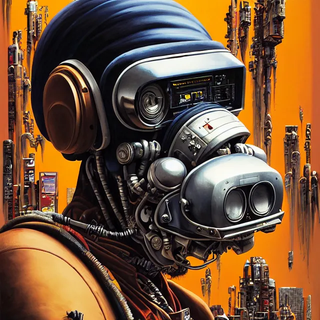 Prompt: a portrait of an anthropomorphic cyberpunk chimp in a crash helmet by sandra chevrier, detailed render, tape deck, boombox, epic composition, cybernetics, 4 k realistic, cryengine, realistic shaded lighting, sharp focus, masterpiece, by matteo scalera, gary montalbano, peter elson in the style of the tokyo ghost comic