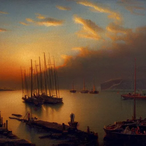 Prompt: a harbour in ancient Greece at dusk, cinematic lighting, detailed oil painting